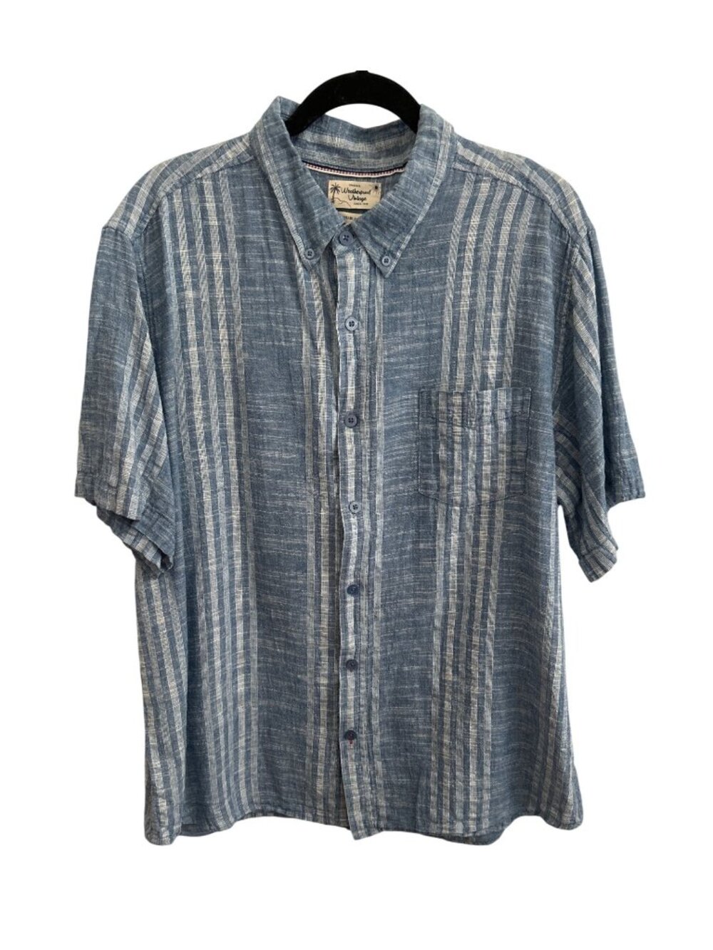 Weatherproof Vintage Blue Linen Blend Button-Up Shirt XXL Short Sleeve Striped